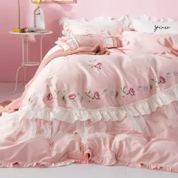 NAMŲ-2021-Rožinė, siuvinėta 800TC Egipto medvilnės patalynės komplektas karalius antklode padengti ir pagalvių užvalkalai