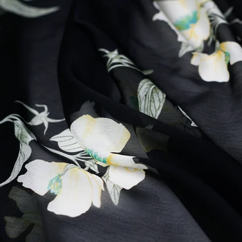 Pearlsilk Korėjos juodos spalvos gėlių spausdinti satino šifono vasaros suknelė drabužio medžiagos 