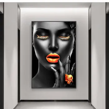 Juoda Merginų Makiažas Drobė Menas, Plakatų Ir grafikos Seksualus Aukso Lūpų Drobė Paveikslų Ant Sienos Afrikos Meno Nuotraukas, Namų Dekoro