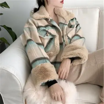 2020 Moterų Rudens žiemos prarasti mados temperamentas pledas kailio apykakle visą trumpas, storas, šiltas vilnonis paltas moteriška hugrich