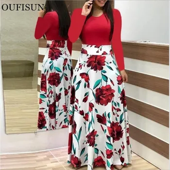 Oufisun 2020 m. Pavasarį Ir Rudenį Moterų Aprangos Mada Derliaus Spausdinimo Maxi Suknelė Atsitiktinis ilgomis Rankovėmis O-kaklo Kratinys Suknelės Vestidos
