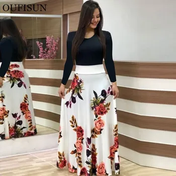 Oufisun 2020 m. Pavasarį Ir Rudenį Moterų Aprangos Mada Derliaus Spausdinimo Maxi Suknelė Atsitiktinis ilgomis Rankovėmis O-kaklo Kratinys Suknelės Vestidos