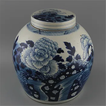 6 Antikvariniai QingDynasty Rankų darbo porceliano puodą,mėlynos ir baltas Bijūnas jar ,Rankomis dažyti amatų,geriausia kolekcija ir puošmena