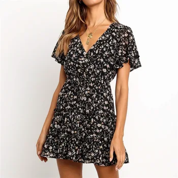 Mados vasaros small print suknelė moterims raukiniai v-kaklo trumpomis rankovėmis-line mini šifono suknelė aukšto juosmens diržas atsitiktinis suknelė DR482