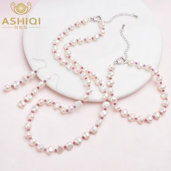 ASHIQI Gamtos Baroko perlų Papuošalų Rinkiniai Nekilnojamojo Gėlavandenių perlų Vėrinį Natūralių Kristalų, Apyrankės moterims, Naują Atvykimo