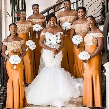 Afrikos, Nigerijos Undinė Orange Bridesmaid Dresses Ilgi Nuo Peties Appliqued Satino Suknelė Vestuves