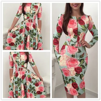 Moterims Gėlių Spausdinimo 3/4 Rankovėmis Šifono Atsitiktinis Palaidų Šalies Vintage Suknelė Su Užtrauktuku Reguliariai Dydžio Megztinis Vasaros Rudens Drabužiai
