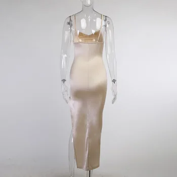 SEZONAI 2021 Aukštos Padalinta Midi Suknelė Moterims Elegantiškas Spageti Dirželis Bodycon Vakare Šalis Suknelės Kietas Sexy Satin ASDR82623