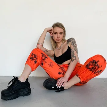 InsDoit Streetwear Gotikos Dragon Spausdinti Haremas Juodos Kelnės Harajuku Punk Aukšto Liemens Kelnės Moterims Derliaus Rudenį, Prarasti Ilgos Kelnės