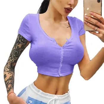 4 Spalvų Moterys Kietas Bodycon Pasėlių Viršų Trumpomis Rankovėmis Viršūnes Slim Sexy Moterys Vasarą Mygtuką V Neck T Shirt Violetinė Žalia Mėlyna Balta