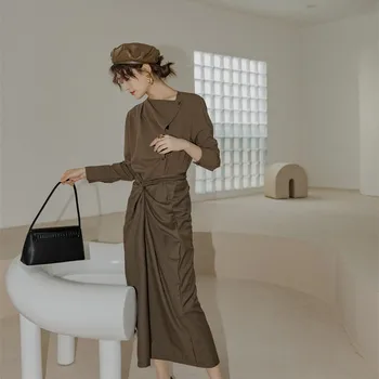 Wrap Aukšto Juosmens Ponios Rudas Sijonas Korėjos Stiliaus Rudenį Ilgai Midi Sijonas Moterims Dizainerio Mados Drabužių V181