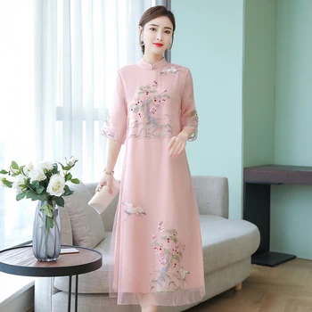 Moterų Cheongsam Patobulinta Suknelė Retro Elegantiška Siuvinėjimas Ilgos Suknelės, Gėlių Šalis Suknelė Kinijos Moterų Aukštos Kokybės Drabužių