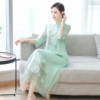 Moterų Cheongsam Patobulinta Suknelė Retro Elegantiška Siuvinėjimas Ilgos Suknelės, Gėlių Šalis Suknelė Kinijos Moterų Aukštos Kokybės Drabužių