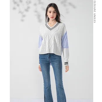 2020 M. Rudenį Marškinėliai Kratinys Moterims Megztiniai Megztinis Mados Purus Megzti Korėjos Stiliaus Geometrinis Spausdinti Atsitiktinis Negabaritinių Megztinis