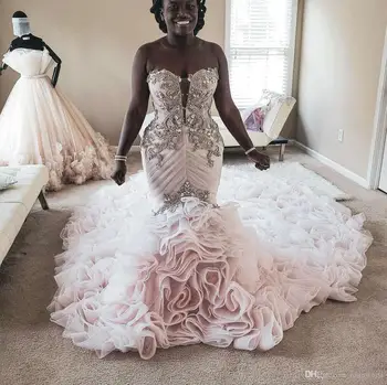 Afrikos Plius Dydis Undinė Vestuvių Suknelės Karoliukai Appliqued Pakopų Sijonai Trimitas Vestuvinės Suknelės Beach Derliaus Užsakymą