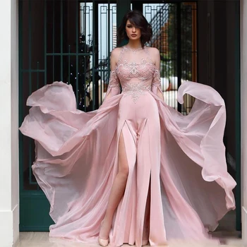 Dubajus Caftan Pearl Pink Prom Dresses Ziajać Kostiumas Seksualus Atvira Nugara Šifono Overskirt Nėrinių Vakarinę Suknelę 2020 Matyti Per Šalies Chalatai