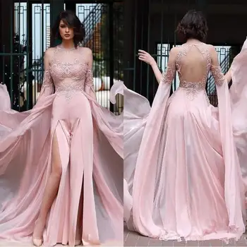 Dubajus Caftan Pearl Pink Prom Dresses Ziajać Kostiumas Seksualus Atvira Nugara Šifono Overskirt Nėrinių Vakarinę Suknelę 2020 Matyti Per Šalies Chalatai
