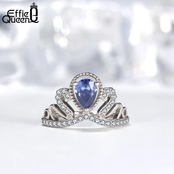 Effie Karalienė 925 Sidabro Elegantiška Karalienės Karūnos Sidabro Vestuviniai Žiedai su Blue Stone AAAA Cirkonis Moterų Mergina Papuošalai Šalis Dovana BR199