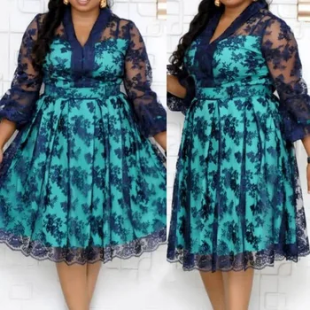 Afrikos Plius Dydis Suknelė Moteris Pavasarį, Rudenį 2021 Paprasta Dizaineris Plonas Karšto Pardavimo Spausdinti Gėlių Nėrinių V-kaklo linijos, Sūpynės Suknelės