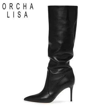ORCHA LISA Dizaineris Moterų Plisuotos Kelio batai Pažymėjo tne 12cm ploni kulniukai PU Slouchy dukslus batai Juoda Atsitiktinis Šalies C2005