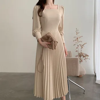Vientisas Korėjos Suknelė 2020 Naujų Rudens Derliaus Plisuotos Suknelė Moterims Ilgomis Rankovėmis Atsitiktinis, Kietas Suknelė Lady Vestido Temperamentas Suknelė