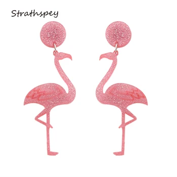 STRATHSPEY Naujas Ateina Mielas Mielas Paukštis, Lašas Auskarai Ilgai Flamingo Akrilo Papuošalai Mergaitėms Animacinių filmų Bijoux Moterų Rožinės spalvos Auskarai