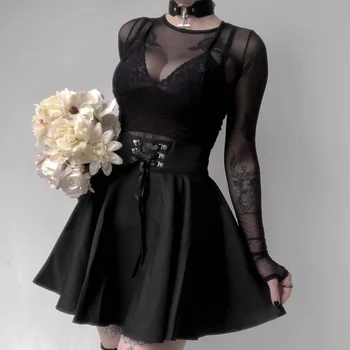 Gotikos Aukšto Juosmens Klostuotas Mini Sijonai Moterims Gothic Punk Juoda Nėrinių Sijonas Atsitiktinis, Kietas Streetwear Feminina-line Šalies Sijonas