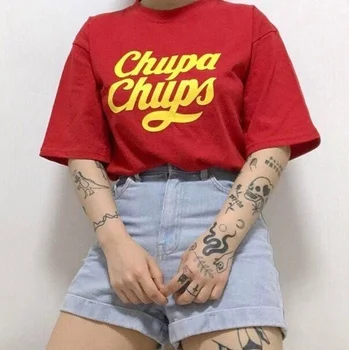 HAHAYULE Chupa Chups Moterų Mergina Tumblr Mados Mielas Gatvės Stilius, Grafinis Tee Hipsters Atsitiktinis Palaidų Red Marškinėliai