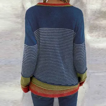 Rudenį V-Kaklo, Ilgomis Rankovėmis Megzti Viršūnes Atsitiktinis Moterų Dryžuotas Megztiniai Megztinis Traukti Femme Pacthwork Puloveris Trikotažas Marškinėliai