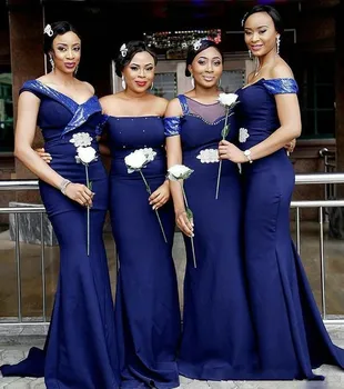 Afrikos Royal Blue 4 Stilius Undinė Bridesmaid Dresses Off Peties Satino Tarnaitė Garbės Chalatai Grindų Ilgis Vestuvių Suknelė Svečias