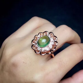 Natūrali žalioji prehnite Žiedas S925 Sidabro Natūralus Akmuo Prabanga didelis saulėgrąžos Žiedas supa Moterų šalis dovana Žiedai, Papuošalai