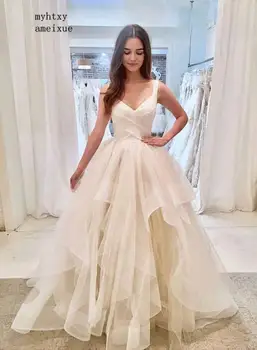 Pigūs V Kaklo, Rankovių Vestuvių Suknelės 2020 Paprastas Tiulio Vestido De Noiva Chalatas De Mariage Suknelės Vedęs Balta Nuotakos Suknelė