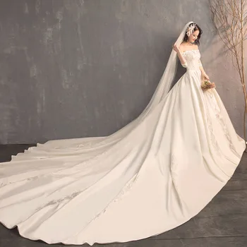 2019 Naujus Satino Vestuvių Suknelė Baltos spalvos Nėrinių Elegent Valtis-kaklo Pusė rankovėmis Slim Vestuvių Suknelė Romantiška 