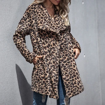 Moterų Fuzzy Pliušinis ilgomis Rankovėmis Atvartas Kailis Leopardas Spausdinti Prarasti Šilta Striukė Parko Q1QA