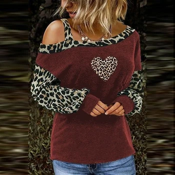 Ponios Leopard Kratinys Marškinėliai Seksuali off Peties Nerijos Apykaklės Moterų Streetwear Marškinėliai Moterims Atsitiktinis ilgomis Rankovėmis Megztinis