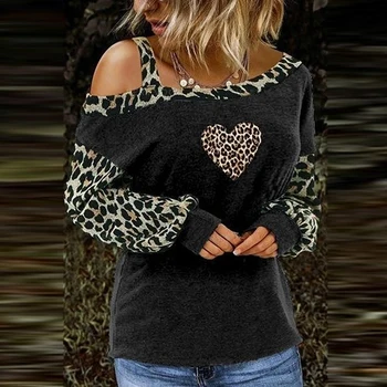Ponios Leopard Kratinys Marškinėliai Seksuali off Peties Nerijos Apykaklės Moterų Streetwear Marškinėliai Moterims Atsitiktinis ilgomis Rankovėmis Megztinis