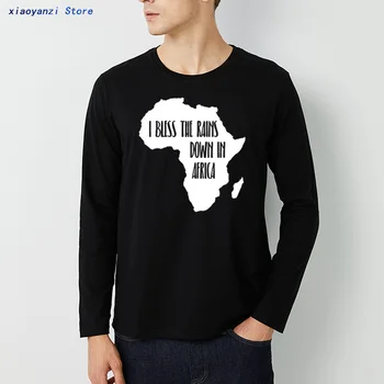 Afrikoje Marškinėliai Laiminu Lyja Žemyn T-shirt Vyrai, O-kaklo, Medvilnė Tee Black ilgomis rankovėmis Aukštos Kokybės Viršų