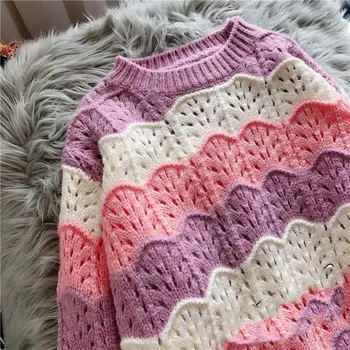 Vaivorykštė Dryžuota Megzta Moterų Megztinis Rudenį, Žiemą korėjos Moterų Megztinis Megztinis 2021 Naujas Saldus Tuščiaviduriai Megztiniai Negabaritinius