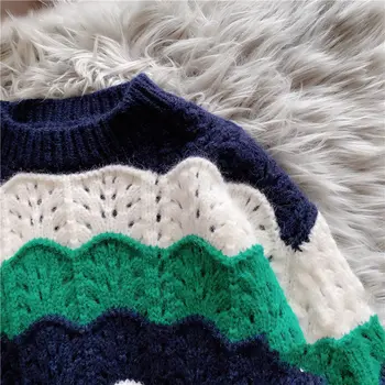 Vaivorykštė Dryžuota Megzta Moterų Megztinis Rudenį, Žiemą korėjos Moterų Megztinis Megztinis 2021 Naujas Saldus Tuščiaviduriai Megztiniai Negabaritinius