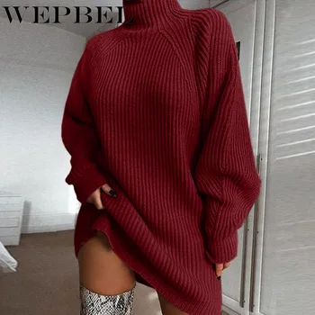Moterų Mados Aukšta Apykaklė Megzti Megztinis Suknelė Žibintų Long Sleeve Sweater Dress Rudens Žiemos Tirštėti Šiltas Atsitiktinis Megztinis