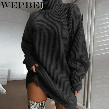 Moterų Mados Aukšta Apykaklė Megzti Megztinis Suknelė Žibintų Long Sleeve Sweater Dress Rudens Žiemos Tirštėti Šiltas Atsitiktinis Megztinis
