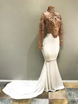 Ilgos, Baltos, Prom Dresses 2020 Elegantiškas Matyti Per Aukšto Kaklo, Ilgomis Rankovėmis Aukso China Afrikos Mergina Prom Dress Karalienė