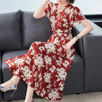 2021 prancūzijos Retro Stiliaus Moteris Šifono Gėlių Suknelė Aukštos Kokybės Biuro Lady Spausdinti Varčias, V-kaklo, Ilgos Suknelės, Vestidos Elegantes