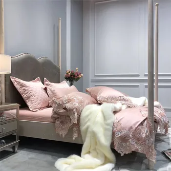 100S Egipto medvilnės Prabangius Pink Tuščiaviduriai Nėrinių Princesė Mergina Patalynės Komplektas Queen ' King Size Antklode Padengti paklode/Patalynė pagalvių Užvalkalai