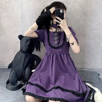 Goth Japonijos Harajuku Gothic Lolita Dress 2021 M. Vasarą Sluoksniuotos Rankovėmis Seksualus Šalies Violetine Skara Suknelė Raukiniai, Nėriniai Suknelė, Saldumynai