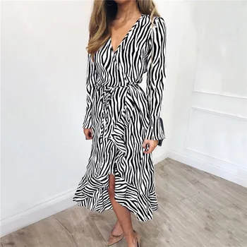 2019 Moterys Vasarą Šifono Suknelė Ilgomis Rankovėmis Zebras Dryžuotas Spausdinti Suknelė Raukiniai Atsitiktinis-Line Midi Derliaus Suknelės, Šaliai, Vestidos
