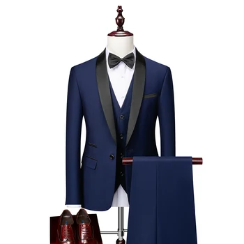 Vyrų Kostiumas 2021 Vestuvių Kostiumai Vyrams Skara Apykaklės 3 Gabalus Slim Fit Bordo Kostiumas Mens Royal Blue Smokingas Striukė S-6XL
