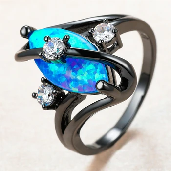 Markizė Blue Fire Opal Žiedas Baltas Apvalus Mažas Akmuo Žiedai Moterims Vestuvių Papuošalai Vintage Mados Juodojo Aukso Vestuvinis Žiedas