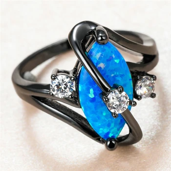 Markizė Blue Fire Opal Žiedas Baltas Apvalus Mažas Akmuo Žiedai Moterims Vestuvių Papuošalai Vintage Mados Juodojo Aukso Vestuvinis Žiedas