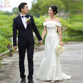 Undinė nuo Peties Dramblio kaulo Vestuvių Suknelės 2019 Naujas Elegantiškas Korėja Stiliaus Satino Vestuvinės Suknelės nuo Peties vestido de noiva